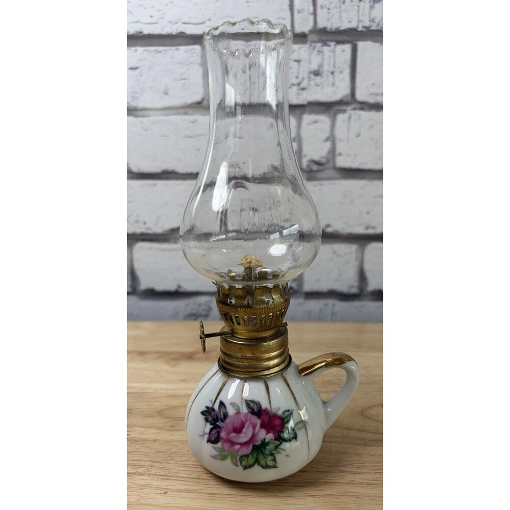 Napco China Rosebud Oil Lamp Finger Lamp Gold 8” Mini Hurricane Lamp Unused Vtg
